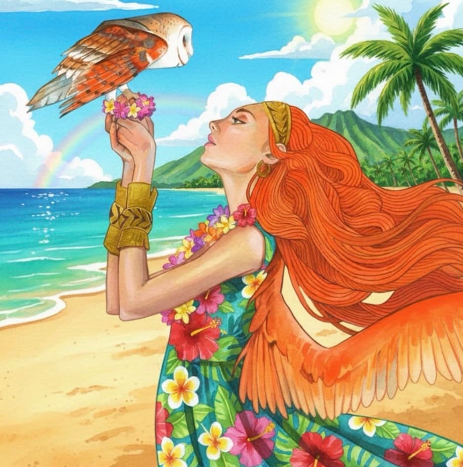 南国の浜辺で翼を持つ女性がフクロウに花を差し出すイラスト